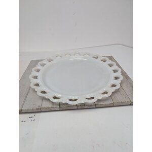 Vintage Anchor Hocking White Milk Glass Open Heart Lace Cake Plate Platter 13"